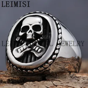 Sólido brillante no se deslustra para hombre de acero inoxidable gótico Punk Biker Signet Cross Guitar Death Skull Rock And Roll anillos de Metal