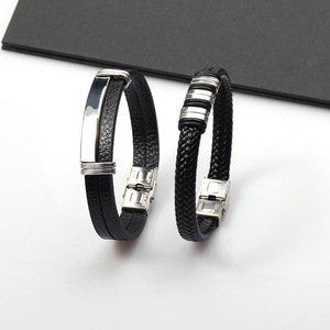 Leather Stainless Steel <b>Press</b> Buckle Bangle Men's Jewelry Geometric Design Gift Bracelet Yiwu Origin - Product Image 3