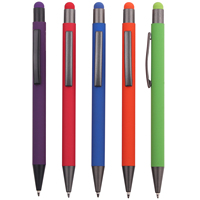 Pena Bolpoin Stylus 2 in 1 Sentuhan Lembut, Bodi Aluminium, Lapisan Karet, Klip Gunmetal, Logo Custom, Ukiran Laser, OEM, Grosir