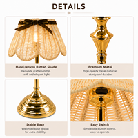 Lampe de bureau LED portable rechargeable, corps en métal plaqué avec abat-jour en rotin, hauteur réglable, formes variées, lumière de mariage