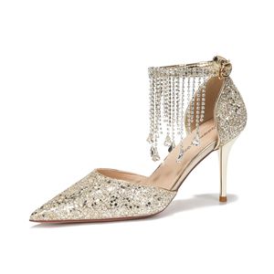 Zapatos de tacón de aguja con correa de tobillo y borlas de cristal, punta en pico, elegantes para bodas y fiestas, para mujer. - Product Image 5