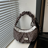 Sac à bandoulière plissé style coréen décontracté pour le printemps, sac hobo léger à pois et dentelle pour fille, sac de voyage sous le bras avec poignée froncée