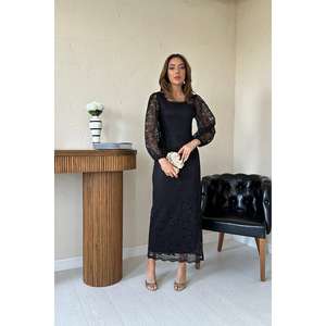 Robe de soirée élégante en dentelle noire, silhouette fourreau, taille naturelle, style vintage, tissu translucide, manches longues - Product Image 5