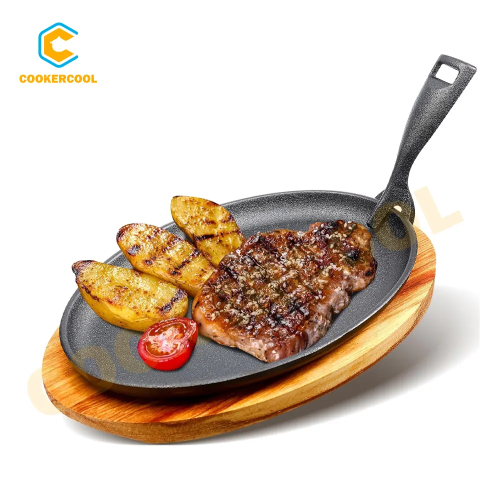 Cookercool Kitchen Cooking Juego de sartén de hierro fundido Sizzling Plate BBQ Pan con base de madera para restaurante