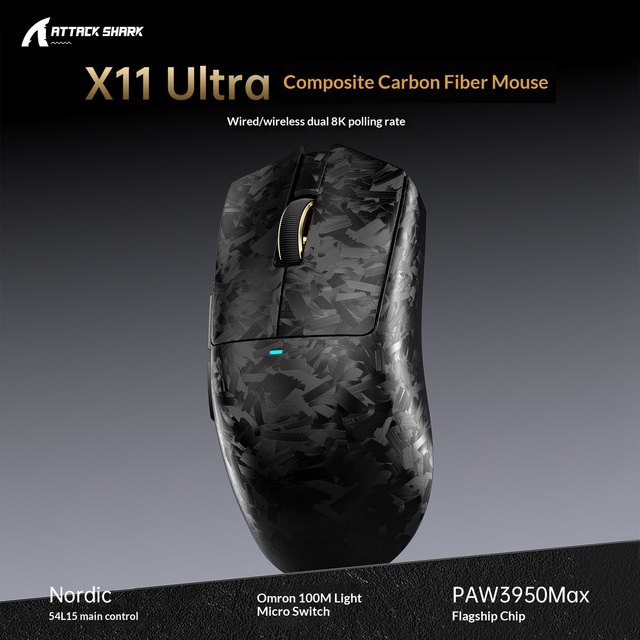 Attack Shark X11 Ultra 59g Carbon Fiber Tri Mode 8K Wireless Gaming Mouse PAW3950MAX 42000 DPI Omron 100M for PC Esports