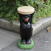 Sculpture sur piédestal en résine Ours Noir, Figurine d'ours sur pied avec plateau circulaire pour clés et bijoux, Décoration sur le thème de la nature