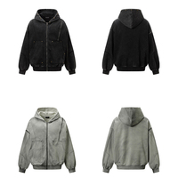 Blouson bomber court noir à capuche en satin argenté délavé et vieilli, style hip-hop décontracté et respirant, avec logo