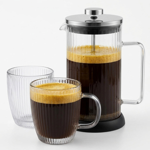 Coffret Cadeau Emode : Presse à Café à Parois Céramiques Cannelées & 2 Tasses à Café à Parois Céramiques Cannelées <span class=keywords><strong>de</strong></span> 400 ml, Ensemble <span class=keywords><strong>de</strong></span> Cafetière et Théière à Rayures Verticales - Product Image 1