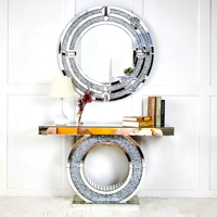 Table console moderne en miroir effet diamant écrasé et ensemble de miroir rond argenté pour salon