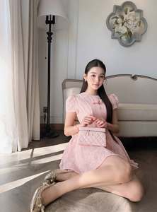 Wholesale Sweet Pink <b>Mini</b> Dress Women Short <b>Lantern</b> Sleeve Jacquard Party Elegant Vintage Coquette Custom Anti-static Breathable - Product Image 3