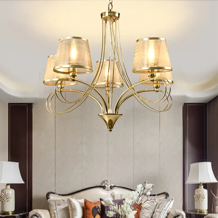HUAYI Nordic Design E14 Indoor Living Room Hotel Golden Color Luxury Ceiling Hanging Fabric LED Modern Chandelier Pendant Light