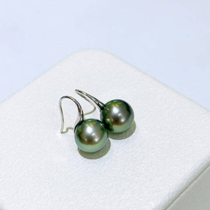 S925 Sterling <b>Silver</b> Tahitian Pearl Hook <b>Earrings</b>, 9-10mm Aurora Peacock Green Cultured Seawater Pearl Near Round for women - Product Image 2
