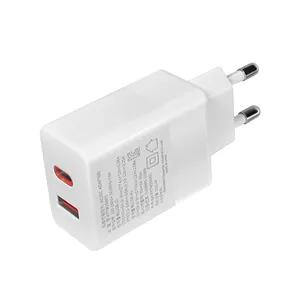 220V AC to DC 25W 5V3A 9V 2.77A 12V 2.08a USB-C PD 2端口手机充电器KC CE FCC认可手机快速充电器