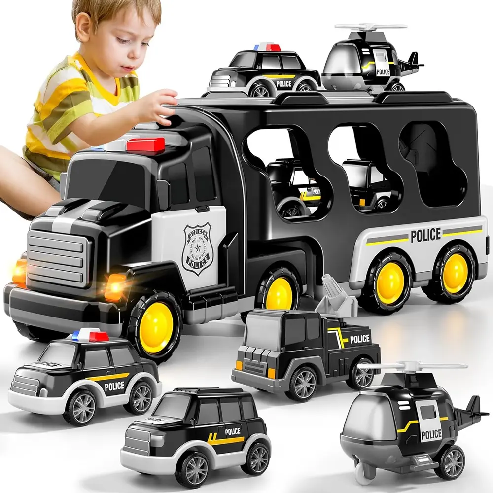 Vehículo de policía de dos pisos inercial 5 en 1, camión de transporte de energía de fricción para niños pequeños, camión transportador de policía, juguete con luces y música
