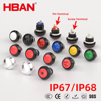 Interruptor de Botón Pulsador de Plástico HBAN de 12 mm, Cabeza Abombada, 3A/5A 250V/125V 1NO IP68, Momentáneo, 2 Pines, Impermeable, para Control Industrial