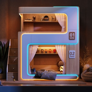 Modern Wooden Bunk Bed With LED Lighting <b>Shelves</b> and Stairs Space Saving Two Tier for Kids Room Bunk Bed - Product Image 1