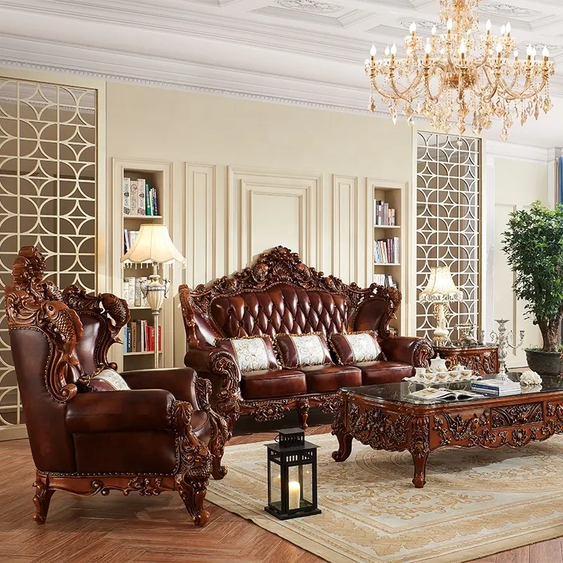 Art Upgrade Specific Use Sitting Room Sofa Exclusive Wood Couch Set Genuine Leather Buttoned Seat Surround Sofa