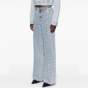 Jeans de cintura baja para mujer, corte recto y holgado, lavado vintage, pantalón de mezclilla con pedrería completa, estilo sexy y urbano. - Product Image 2