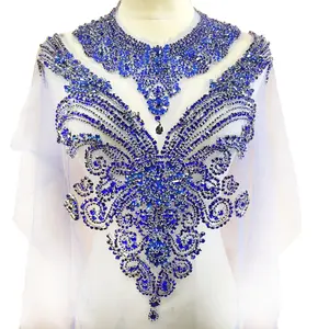 Wedding,Evening, Engagement,Prom, Dres Designer crystal royal blue patch applique Full Bodice Rhinestone Applique