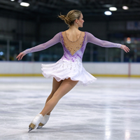 Robe de patinage et de danse pour enfants et adultes, dégradé violet et blanc, manches longues en maille, jupe à volants ornée de strass, pour compétition et spectacle de patinage sur glace