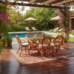 Juego de Comedor de Ratán/Mimbre Asiático Antiguo Inspirado en Java con Mesa Larga para Uso en Hoteles, Villas y Hogares - Product Image 2