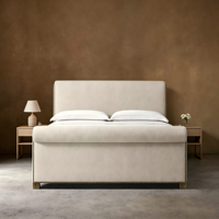 Lit plateforme moderne en cuir italien minimaliste, luxueux, écologique, rembourré et doux, à profil bas avec pied de lit allongé