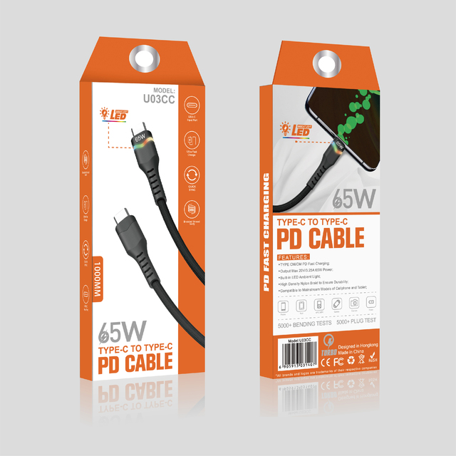 Free Sample NEEXXT U03CC3 USB C 65W PD Braided Nylon Fast Charging Cable with 7 Color LED Lamp Double Type Head Data Cable