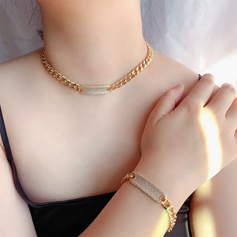 Fancy Luxury Gorgeous Wholesale Cubic Zirconia Iced Gold Cuban Link Chain With Diamond Bar Tube Choker Hip Hop Necklace Bracelet