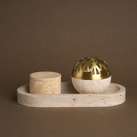 Ensemble Brûleur d'Encens Travertin Marbre Beige Arabe, Boule Ronde en Pierre Mabkhara