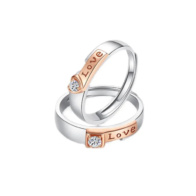 Luxe coeur carré diamant bagues en argent sterling 925 réglable couple or rose/argent mariage couple bagues bijoux