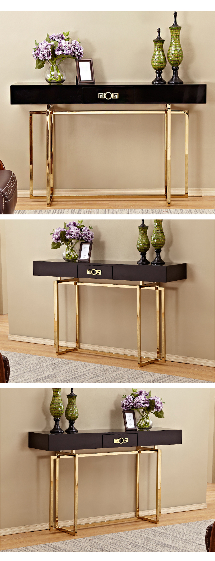 Simple Console Table Wooden Top Black Gold Metal Base Console Table