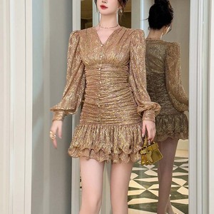 ZYHT 40613 <span class=keywords><strong>Vestidos</strong></span> Cortos Ajustados y Sexys con Mangas Abullonadas para Mujeres Maduras, <span class=keywords><strong>Vestidos</strong></span> de <span class=keywords><strong>Cóctel</strong></span> Dorados de Invierno para Damas - Product Image 2