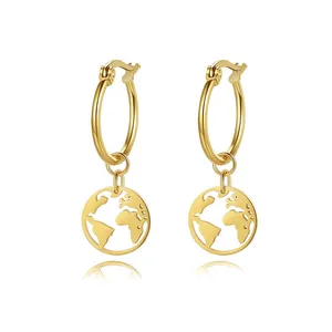 MECYLIFE Clip-on Hoop Earrings Gold Jewelry World Map Earrings Stainless Steel Drop Earrings for Women