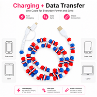 Câble de charge USB Type C 3 en 1 rouge, blanc et bleu avec perles, câble de transfert de données multi-charge