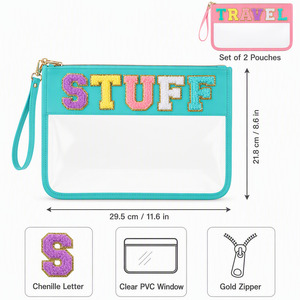 Pochette de maquillage transparente en PVC avec lettres en chenille, 11,6x8,6 pouces, avec dragonne et fermeture éclair dorée, organiseur de voyage, cadeau pour filles, lot de 2 - Product Image 2