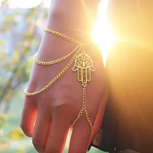 Mode Hamsa Hand Fingerring Armband Vintage Gold Multilayer Chain Slave Armbänder für Frauen