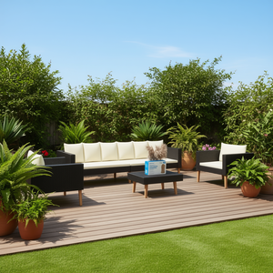 Ensemble de meubles de patio en rotin noir avec coussins pour une utilisation en extérieur, capacité 6 personnes, design contemporain, pieds en bois massif - Product Image 2