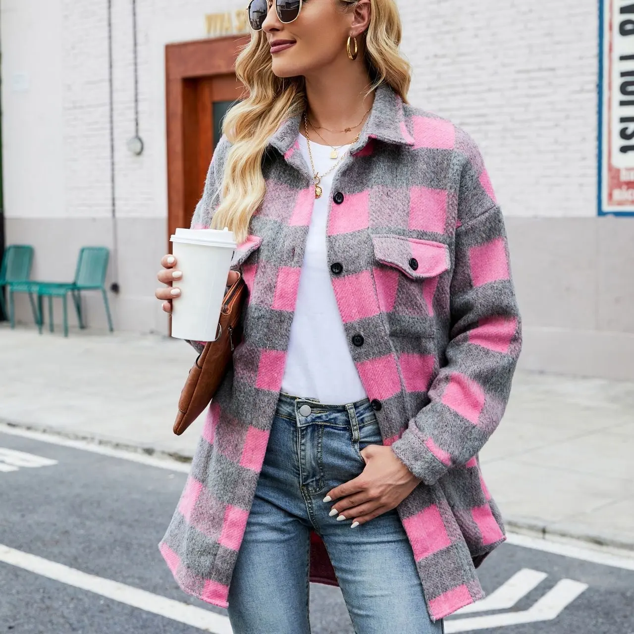 2021 Winter Fuzzy Fleece Pink Plaid Shacket Women Jacket