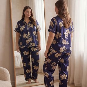 Ensemble de pyjama pour femmes King Mcgreen Star XL-5XL avec imprimé poche estival, en soie et mousseline élégante, adapté aux femmes rondes et aux mamans - Product Image 3