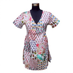Nouvelle Arrivée Robe Vintage A-Line en Coton Imprimé Floral Fait Main Longueur Genou Col en V pour Femme, Idéale Plage, Été et Printemps, Style Naturel - Product Image 1