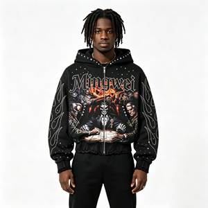 2026 480gsm Washed Black Gothic Crystal Flame Sleeve Skull <strong>War</strong> Table Map Boxy Crop Zip up <strong>Hoodie</strong> Mens - Product Image 2