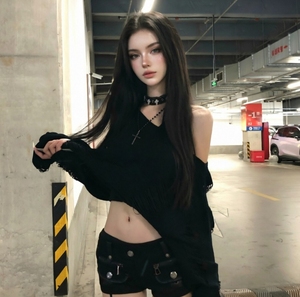 Sexy Ripped Black Sweater Women - Fashionable Off-Shoulder Knit Top with Distressed Details, Slimming Gothic Pullover <strong>Jumper</strong> - Product Image 1