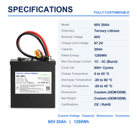 Custom Lithium Ion Battery Pack 60V 20Ah 1200Wh NCM Battery with Smart BMS for Electric Moped and Electric Motorcycle