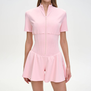 Mono rosa de cintura alta con cremallera para mujer, manga corta, color liso, elástico, estilo urbano, elegante. - Product Image 1