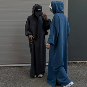 Vestidos Casuales Musulmanes para Mujer, Vestido <span class=keywords><strong>Sudadera</strong></span> con Capucha de Color Sólido, Abaya de Punto con Bolsillos, Caftán Marroquí, Túnica Islámica para Ramadán - Product Image 4