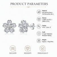 Boucles d'oreilles Moissanite Sakura en argent sterling 925, clous en forme de fleur de cerisier VVS1 couleur D 3,5 mm, bijoux floraux pour femmes
