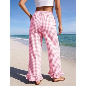 Pantalones anchos de algodón a cuadros para mujer FOXA, con volantes en el bajo, cintura elástica y bolsillos. - Product Image 3