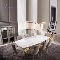 Ensemble de table à manger de luxe en acier inoxydable avec plateau en marbre de style moderne, 8 places avec chaises