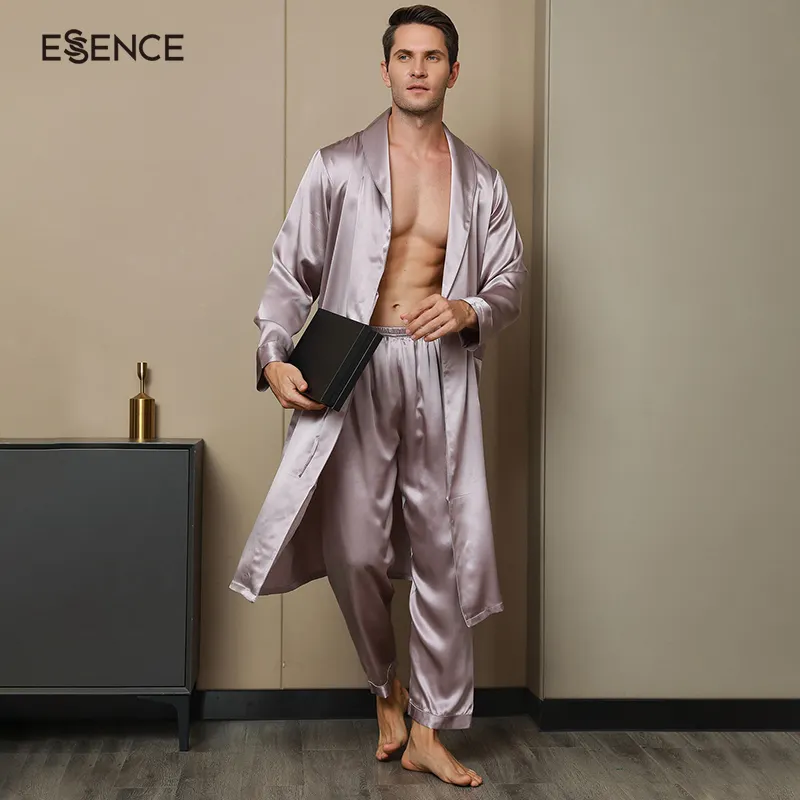 Long Sleeve Belted Satin Robe with Pants Robe Set Elegant Luxury Men Silk Pajama Set