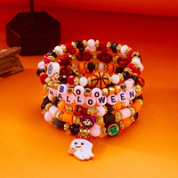 Lot de Bracelets Élastiques Empilables Mignons à Motifs de Dessins Animés (Chauve-souris, Fantôme, Perles de Cristal) pour Fêtes d'Halloween - Fournitures de Bijoux en Gros